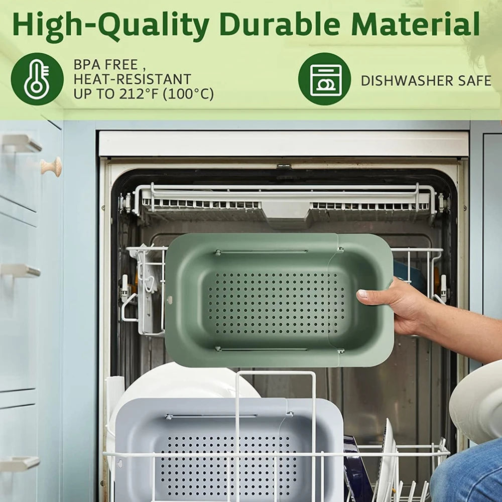 Escorredor retrátil para pia expansível em silicone e aço inox em fundo branco