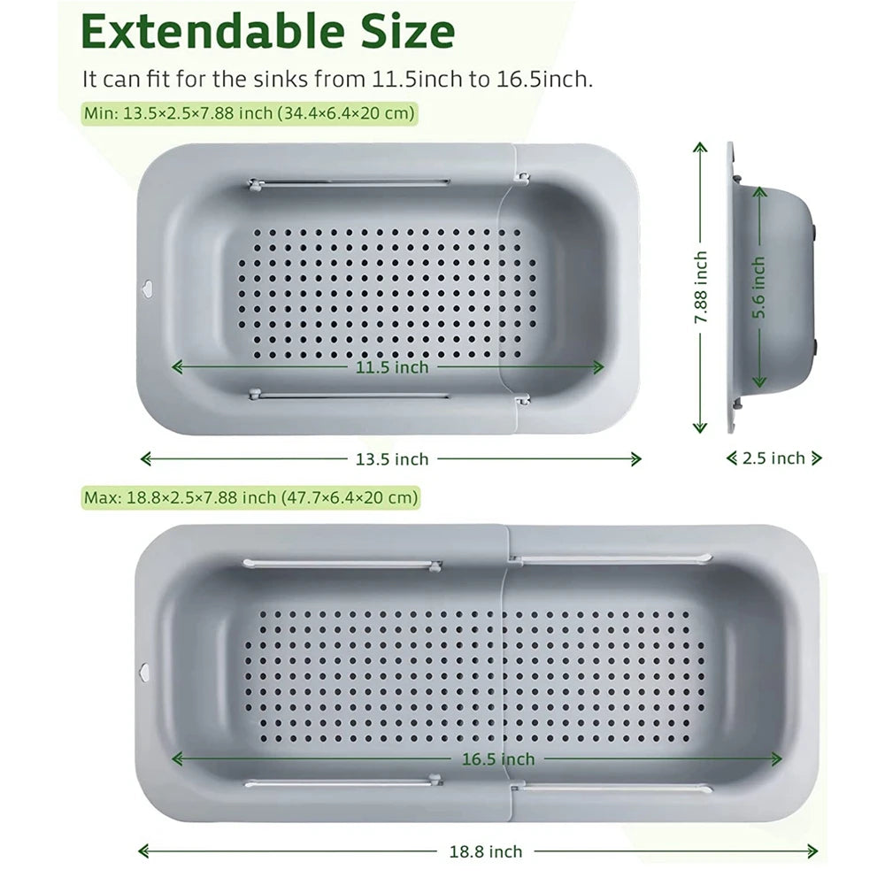 Escorredor retrátil para pia expansível em silicone e aço inox em fundo branco