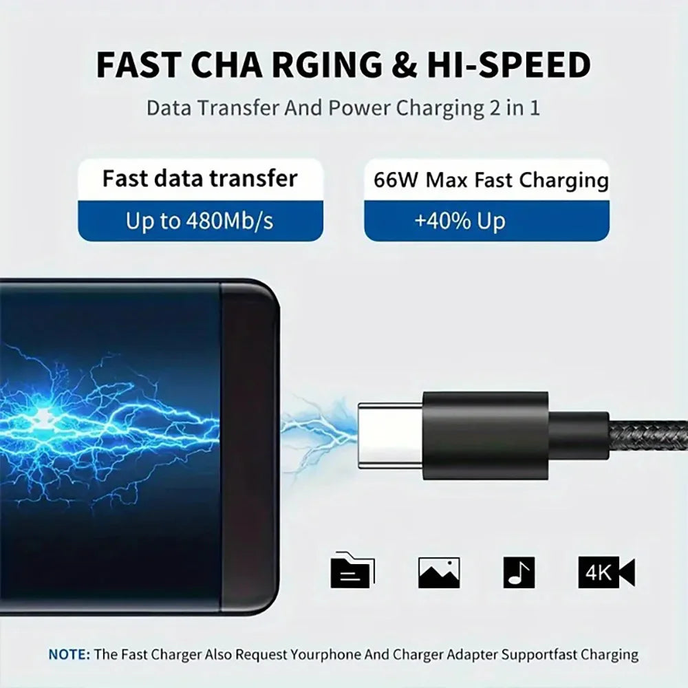 Cabo USB-C reforçado nylon trançado fast charge em fundo branco