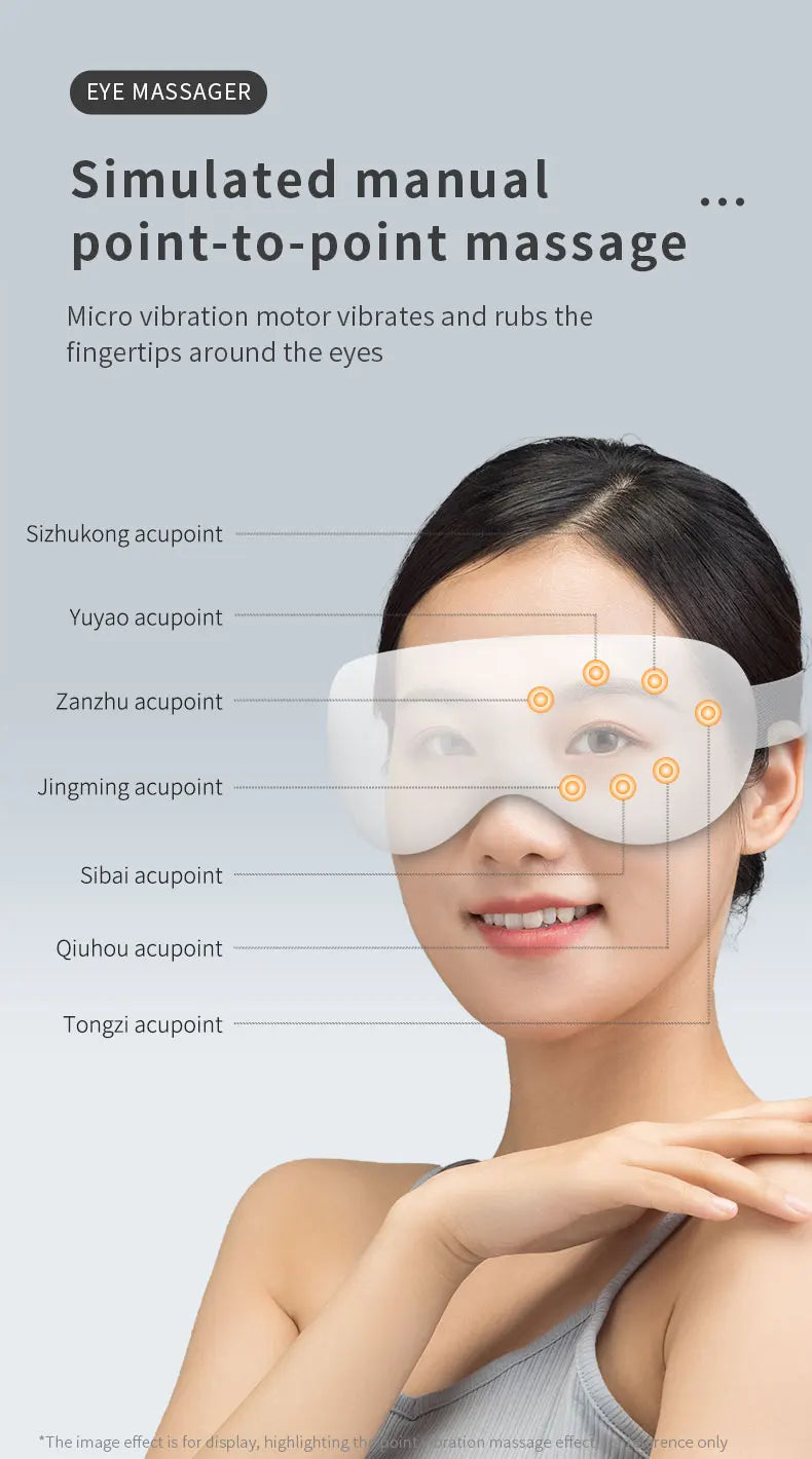 Massageador elétrico para olhos com aquecimento e Bluetooth em fundo branco