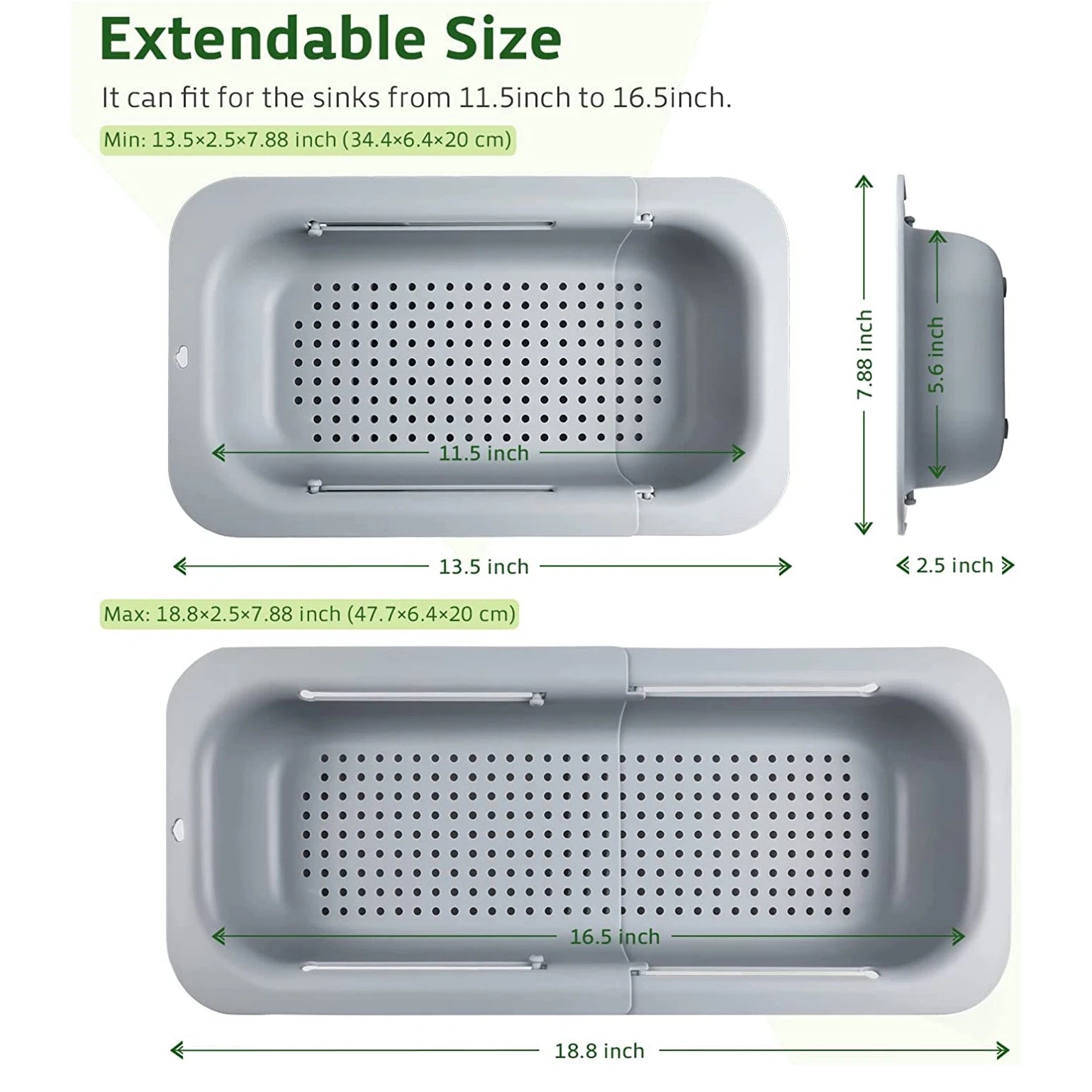 Escorredor retrátil para pia expansível em silicone e aço inox em fundo branco