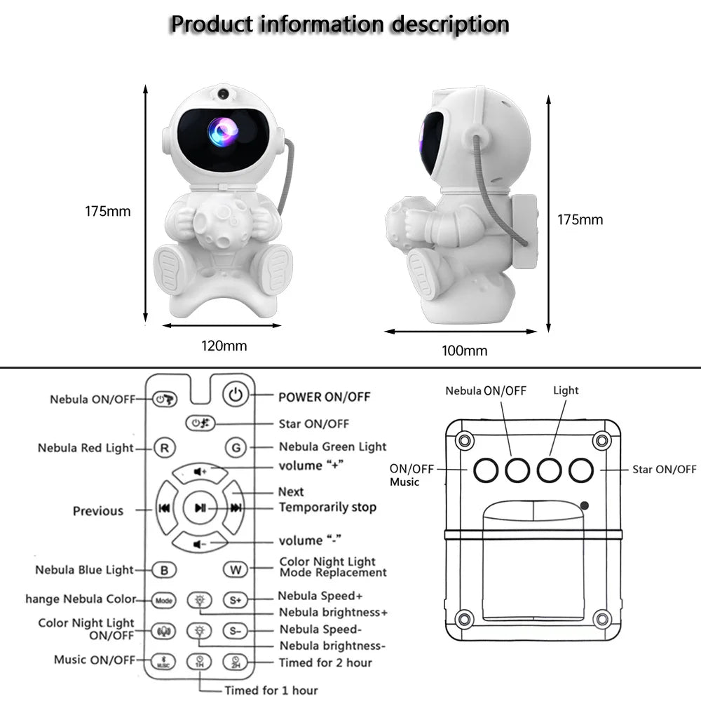 Projetor astronauta galáxia RGB com Bluetooth em fundo branco