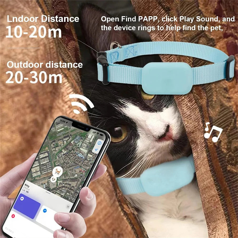 Rastreador GPS para cães e gatos à prova d'água com coleira ajustável em fundo branco