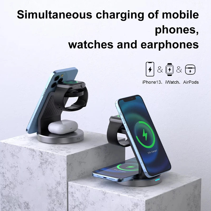 Carregador indução sem fio 3 em 1 para iPhone Watch e AirPods em fundo branco