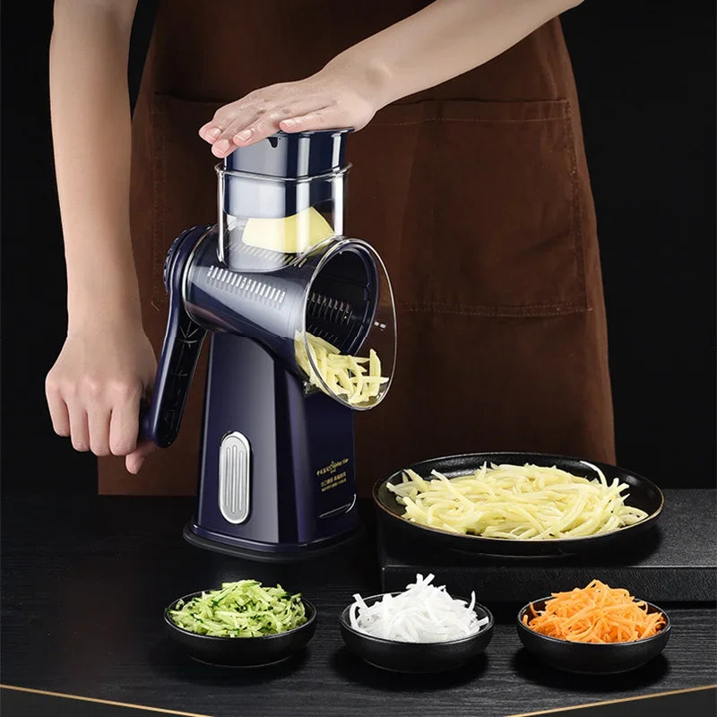 Cortador e fatiador manual de legumes com 5 lâminas rotativas em fundo branco