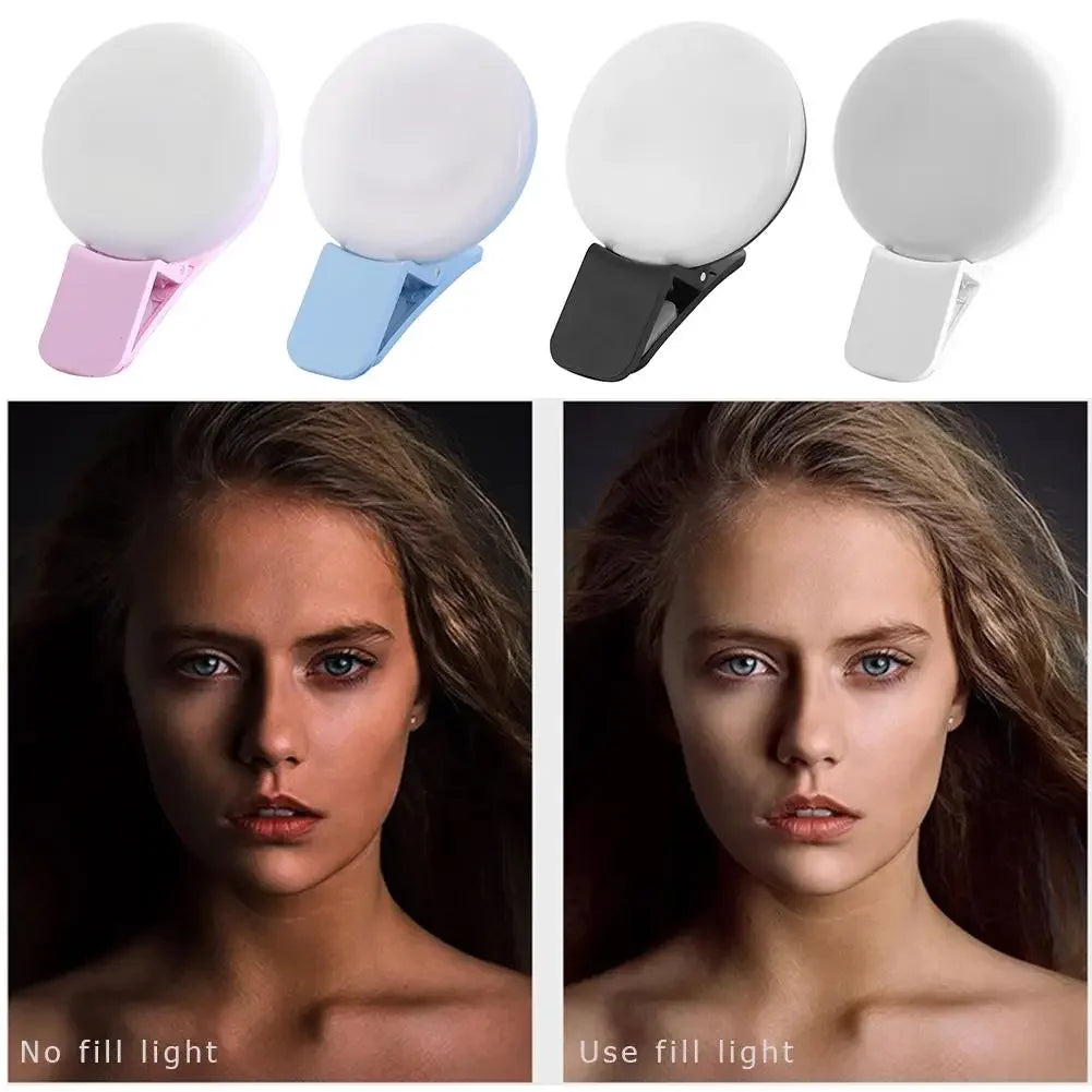 Ring light para celular clip com 3 níveis de luz em fundo branco