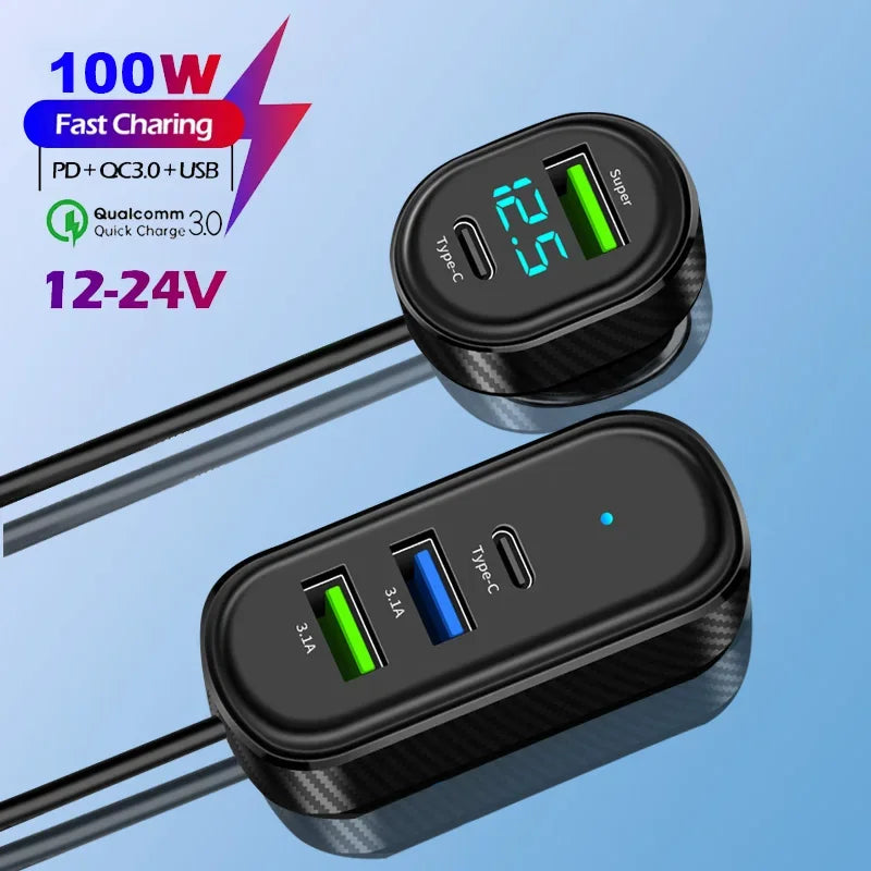 Carregador veicular 66W super rápido USB tipo C 5 em 1 em fundo branco