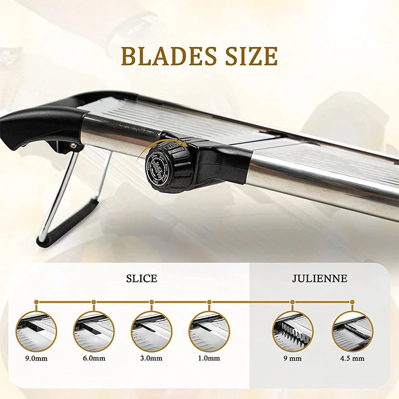 Mandoline fatiador profissional em aço inox ajustável em fundo branco