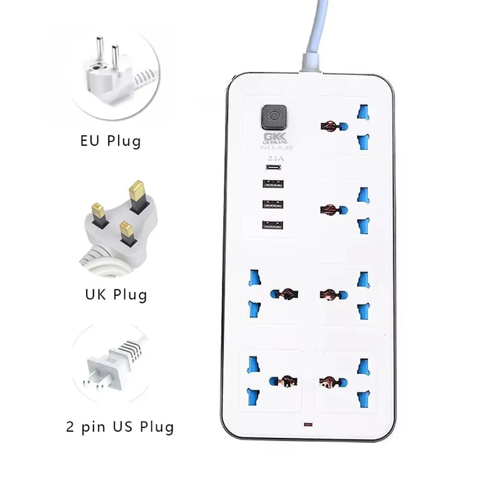 Extensão elétrica régua universal múltiplos plugues bivolt em fundo branco