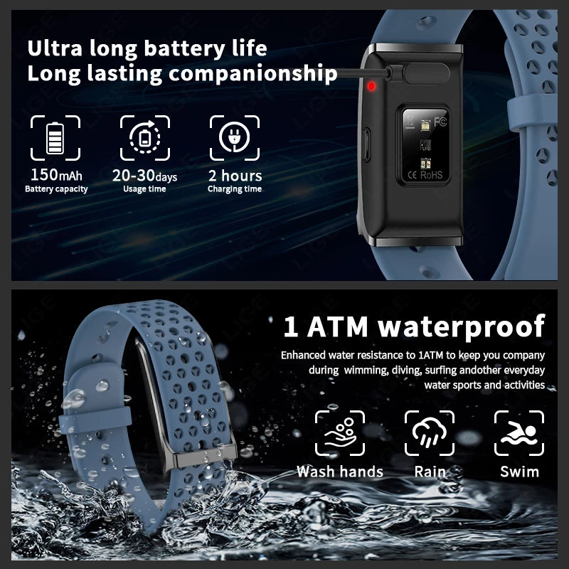 Pulseira fitness inteligente à prova d'água com monitor cardíaco em fundo branco