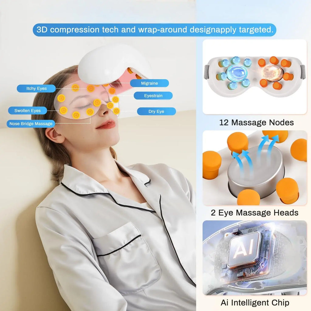 Massageador elétrico para olhos com aquecimento e Bluetooth em fundo branco