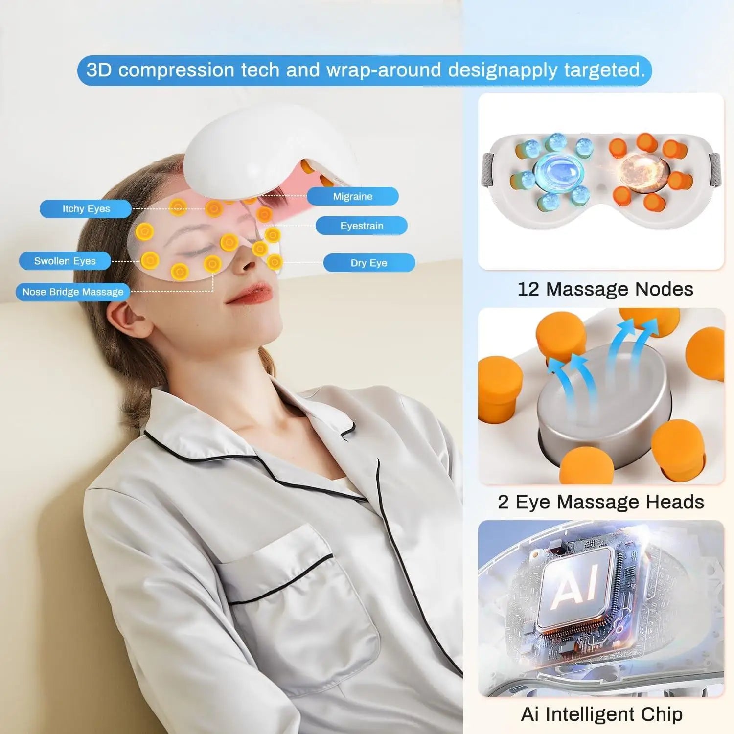 Massageador elétrico para olhos com aquecimento e Bluetooth em fundo branco
