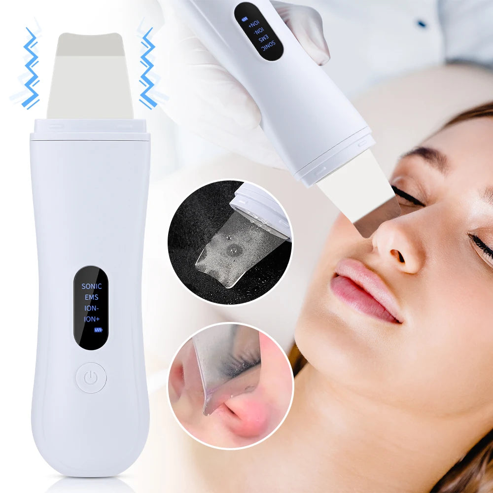 Espátula ultrassônica facial com 4 modos para limpeza de poros em fundo branco