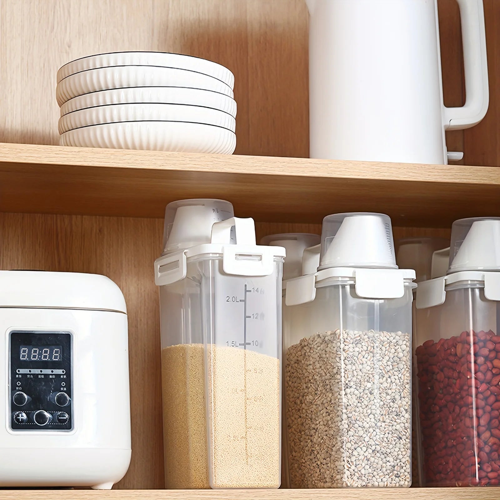 Kit potes herméticos plásticos com tampa 4 peças organizador pantry em fundo branco