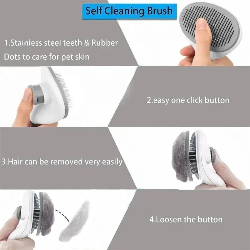 Escova tira pelos autolimpante para cães e gatos em fundo branco