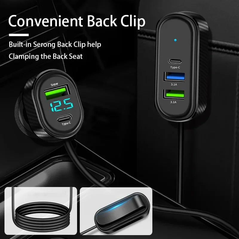 Carregador veicular 66W super rápido USB tipo C 5 em 1 em fundo branco