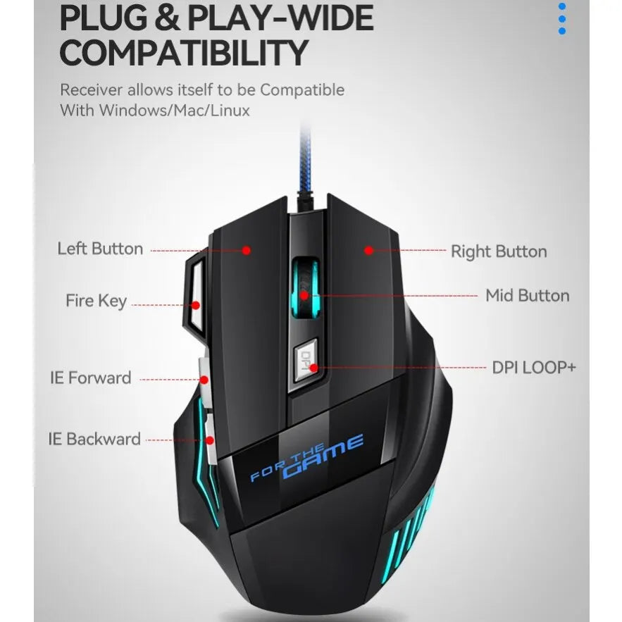 Mouse gamer USB com LED RGB ergonômico em fundo branco