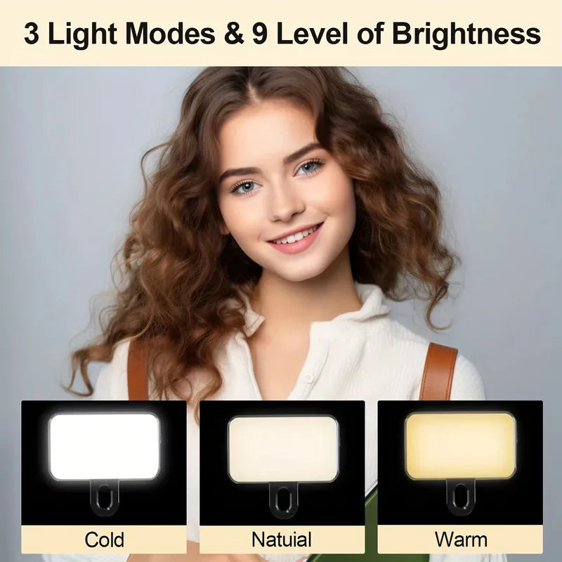 Ring light selfie recarregável com 36 LEDs e 3 cores em fundo branco