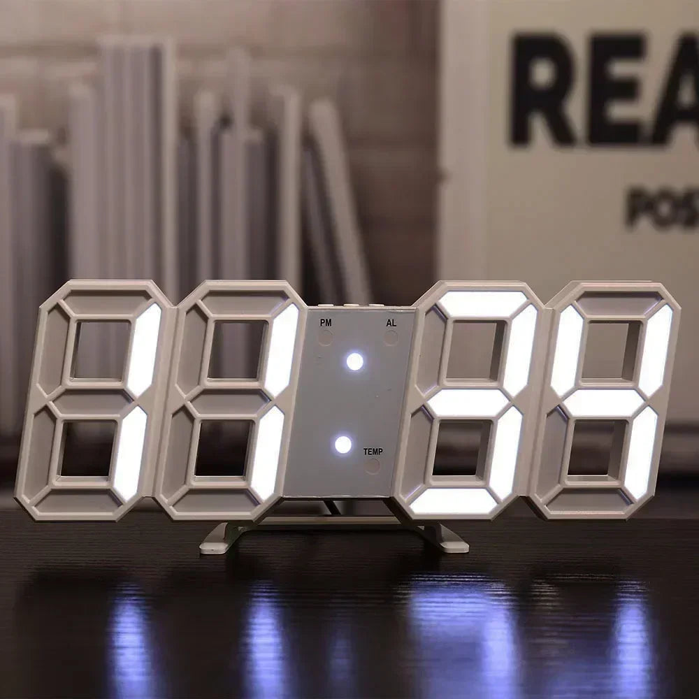 Relógio digital LED 3D de parede com modo noite em fundo branco