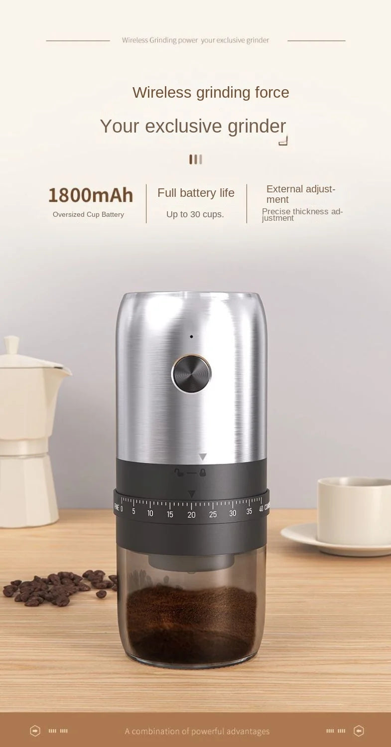 Moedor de café elétrico portátil USB com ajuste de moagem em fundo branco
