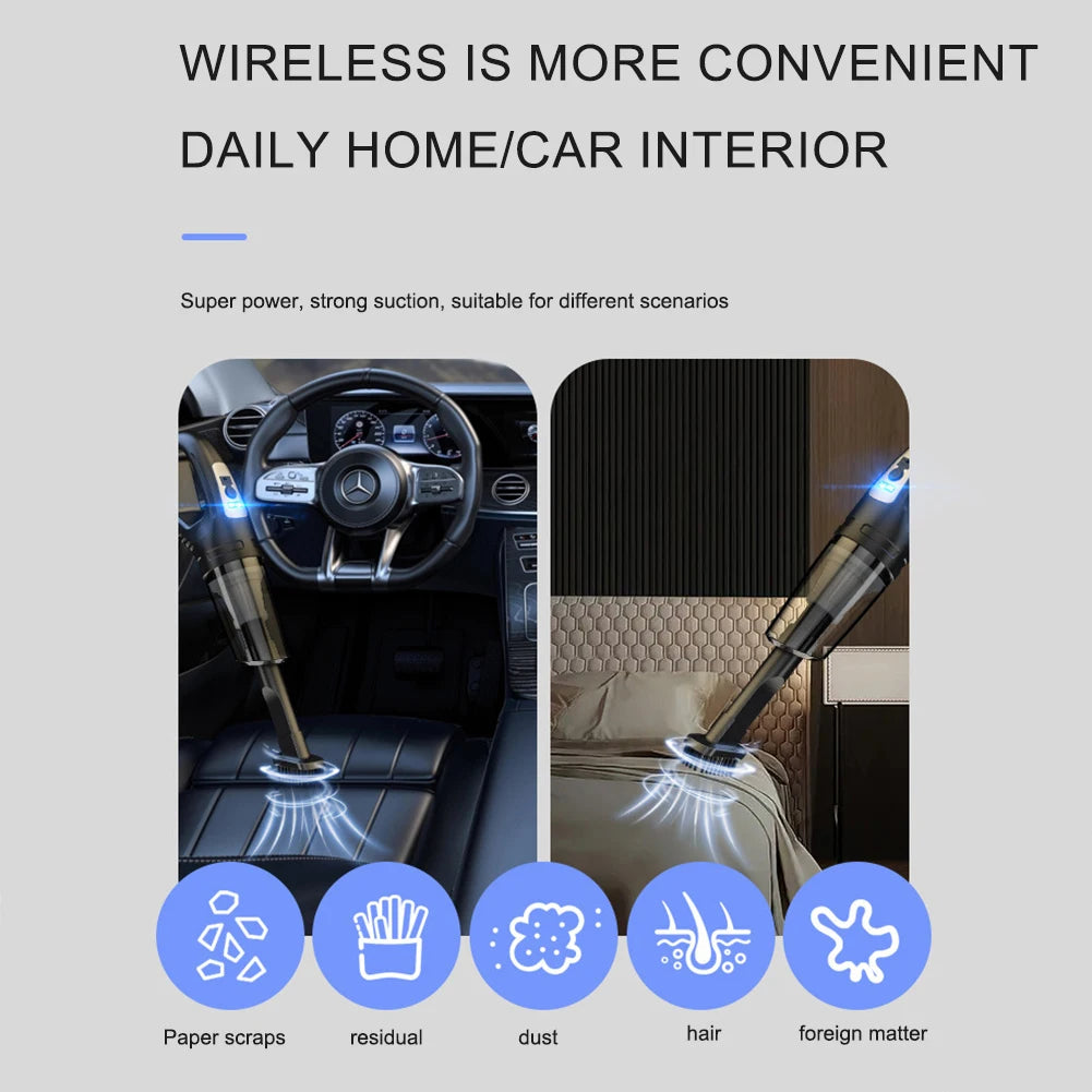 Aspirador automotivo portátil USB 120W sem fio em fundo branco