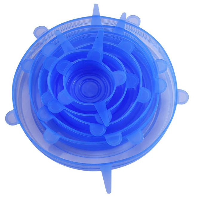 Tampas de silicone reutilizáveis kit 6 peças elásticas para potes em fundo branco