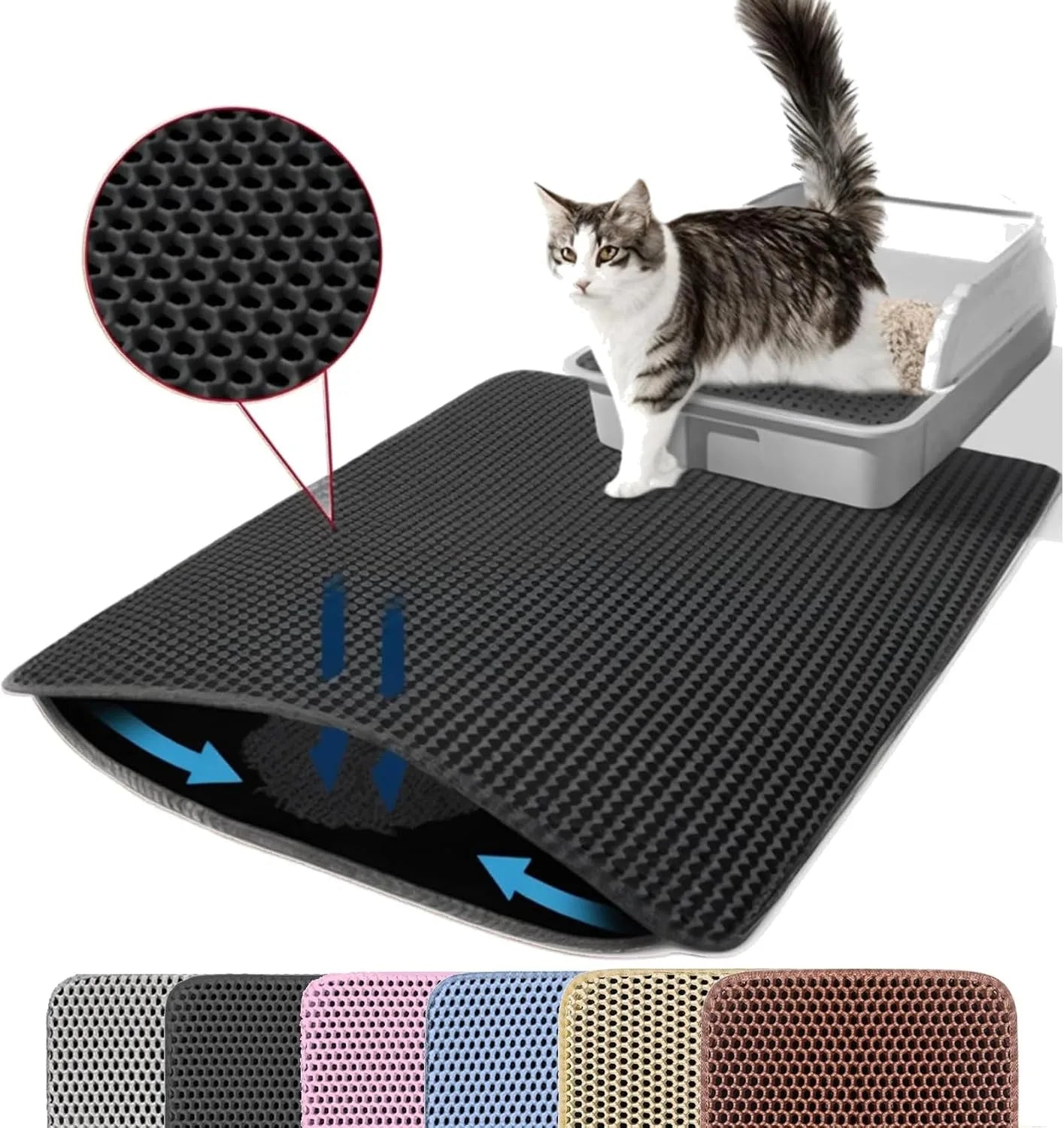 Tapete captador de areia dupla camada impermeável para caixa de gato em fundo branco