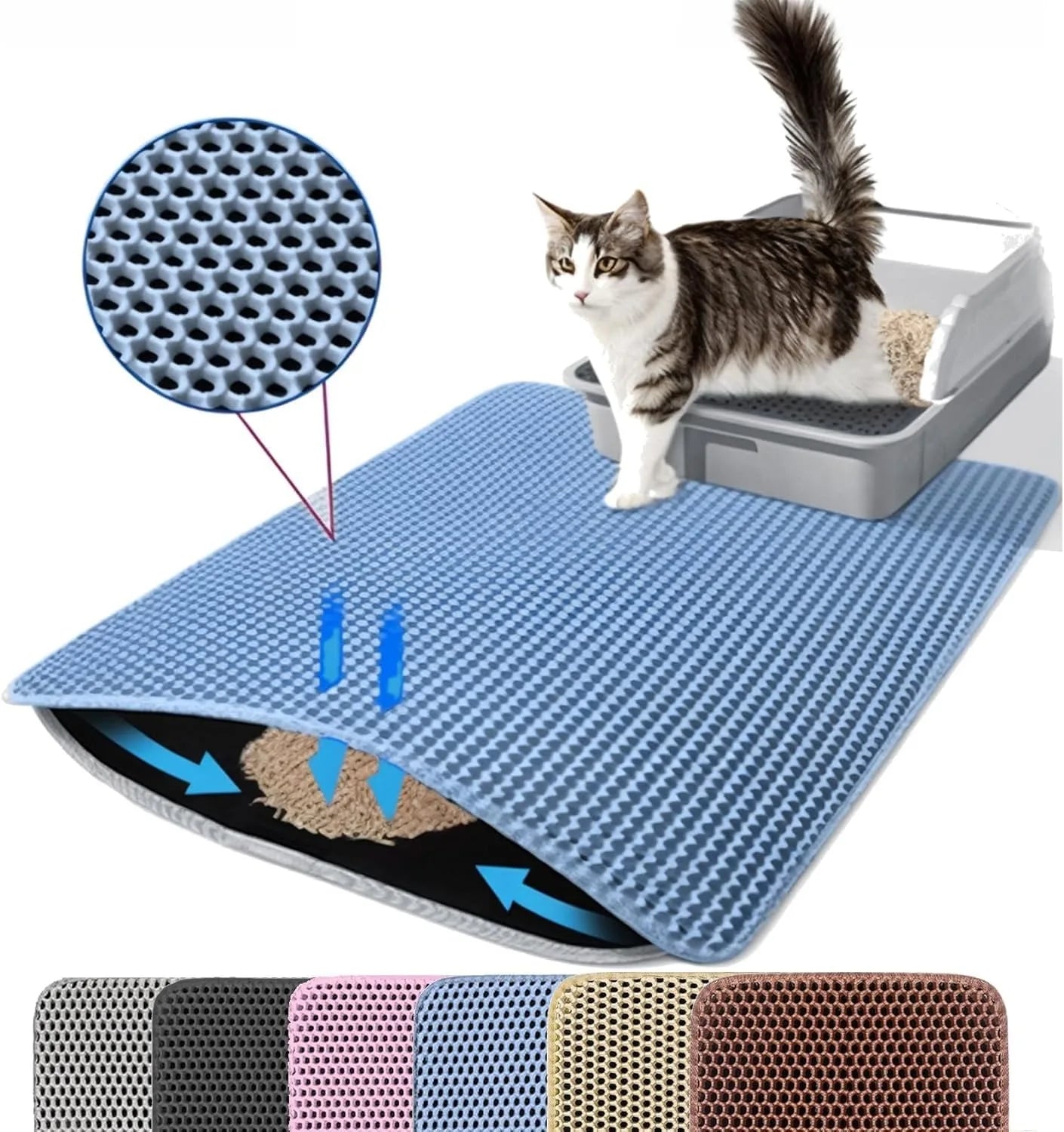 Tapete captador de areia dupla camada impermeável para caixa de gato em fundo branco