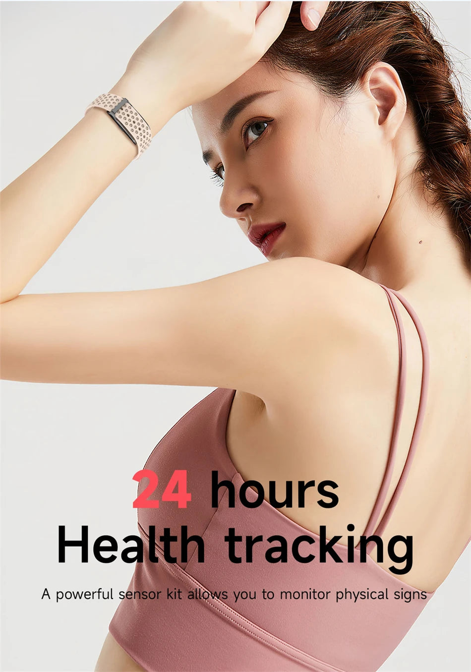 Pulseira fitness inteligente à prova d'água com monitor cardíaco em fundo branco