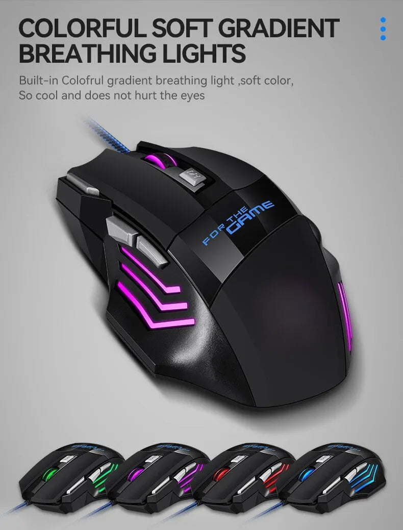 Mouse gamer USB com LED RGB ergonômico em fundo branco