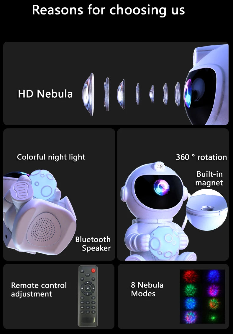 Projetor astronauta galáxia RGB com Bluetooth em fundo branco