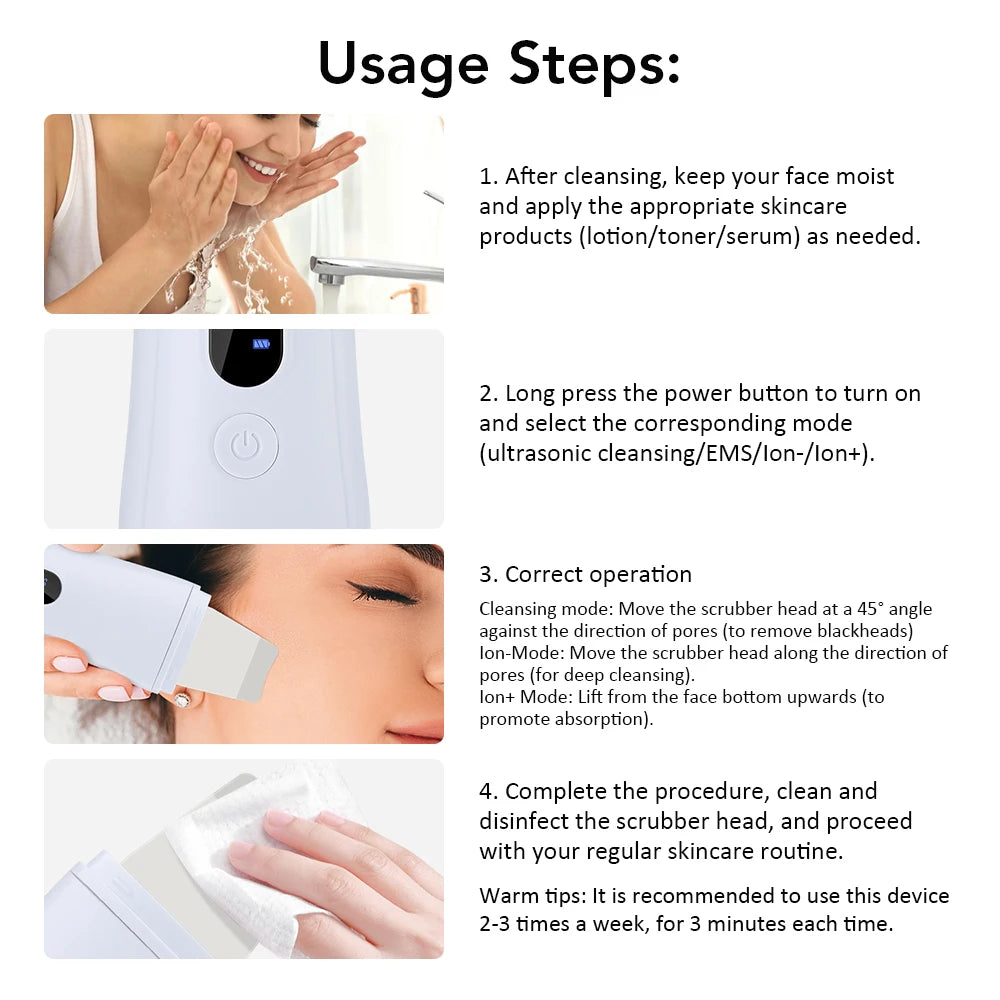 Espátula ultrassônica facial com 4 modos para limpeza de poros em fundo branco