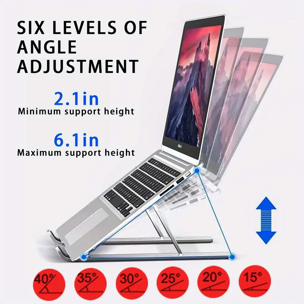 Suporte para notebook ajustável em alumínio dobrável em fundo branco