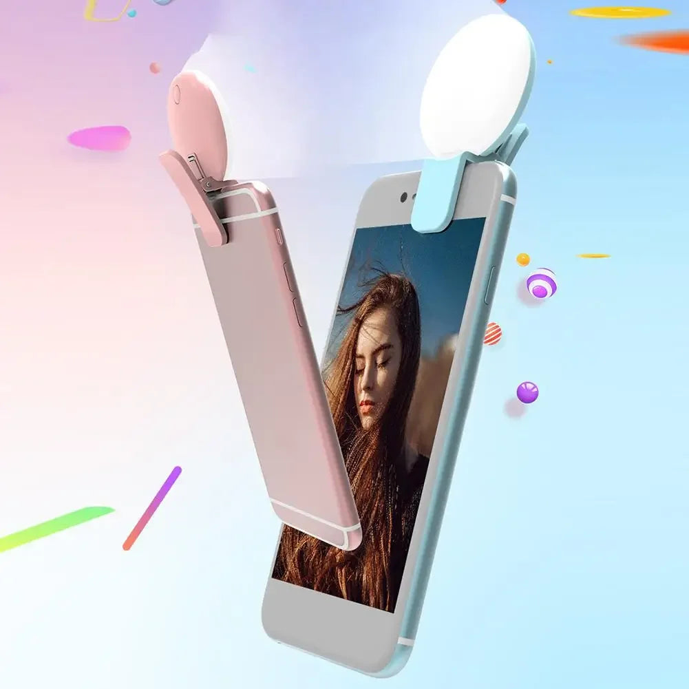 Ring light para celular clip com 3 níveis de luz em fundo branco