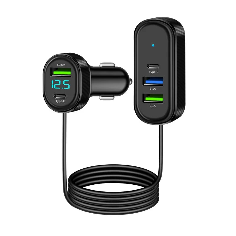 Carregador veicular 66W super rápido USB tipo C 5 em 1 em fundo branco