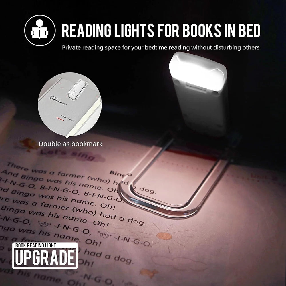 Luminária de leitura clip para livros com 3 cores em fundo branco