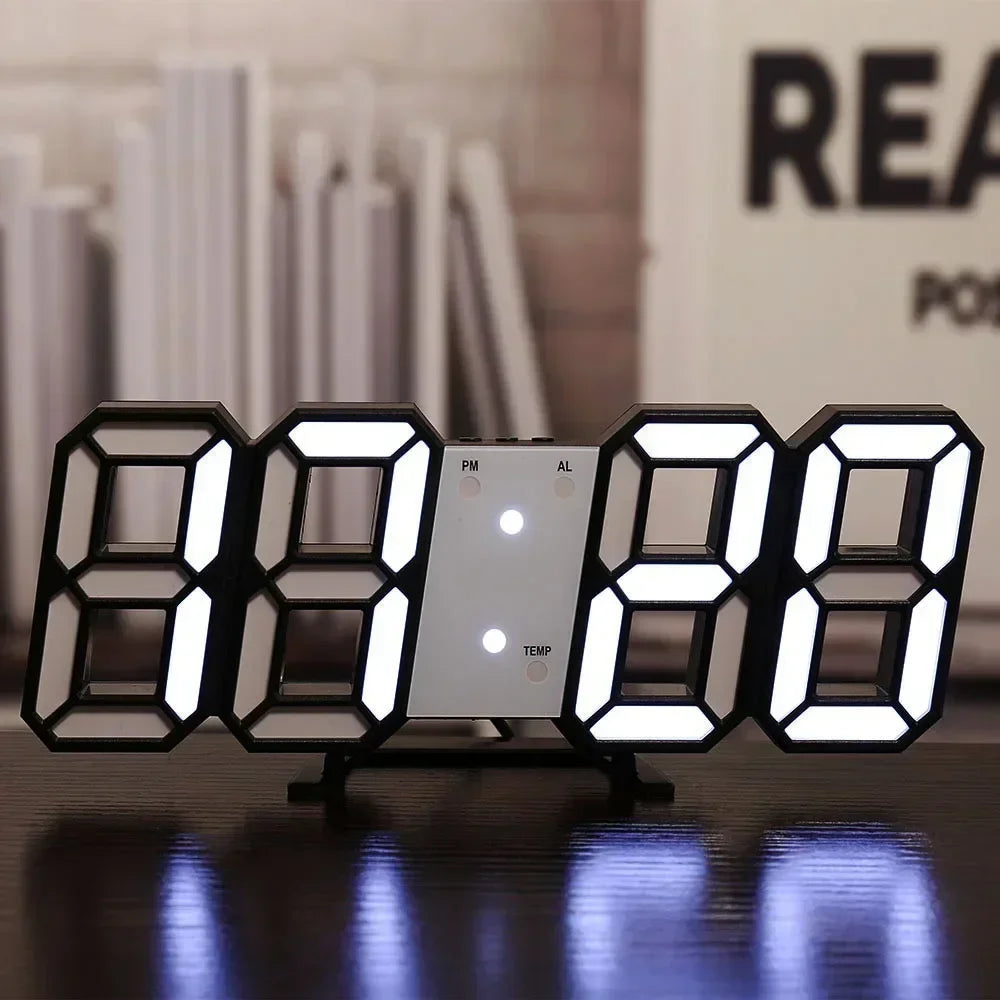 Relógio digital LED 3D de parede com modo noite em fundo branco
