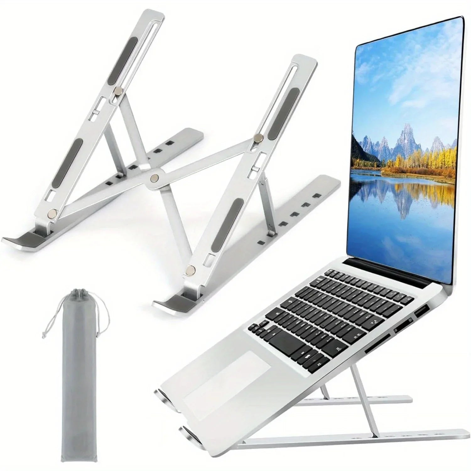 Suporte para notebook ajustável em alumínio dobrável em fundo branco