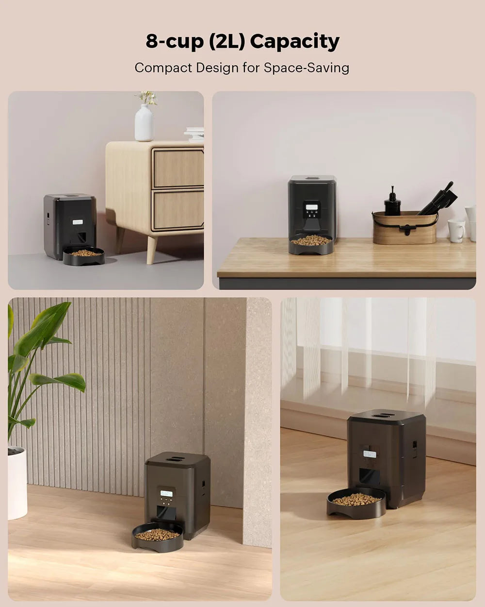 Comedouro automático para pets com timer programável e dispenser inteligente em fundo branco