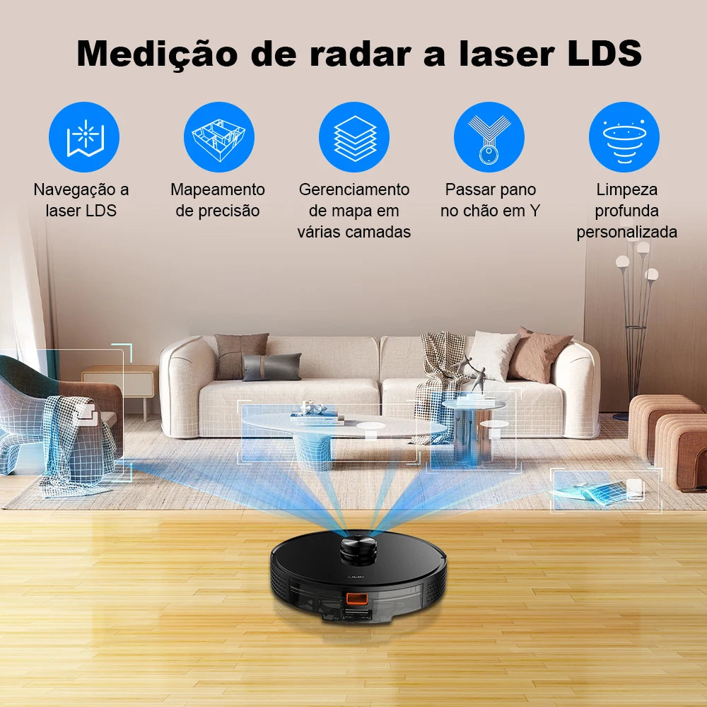 Robô aspirador com mapeamento a laser e função mop 6500Pa em fundo branco