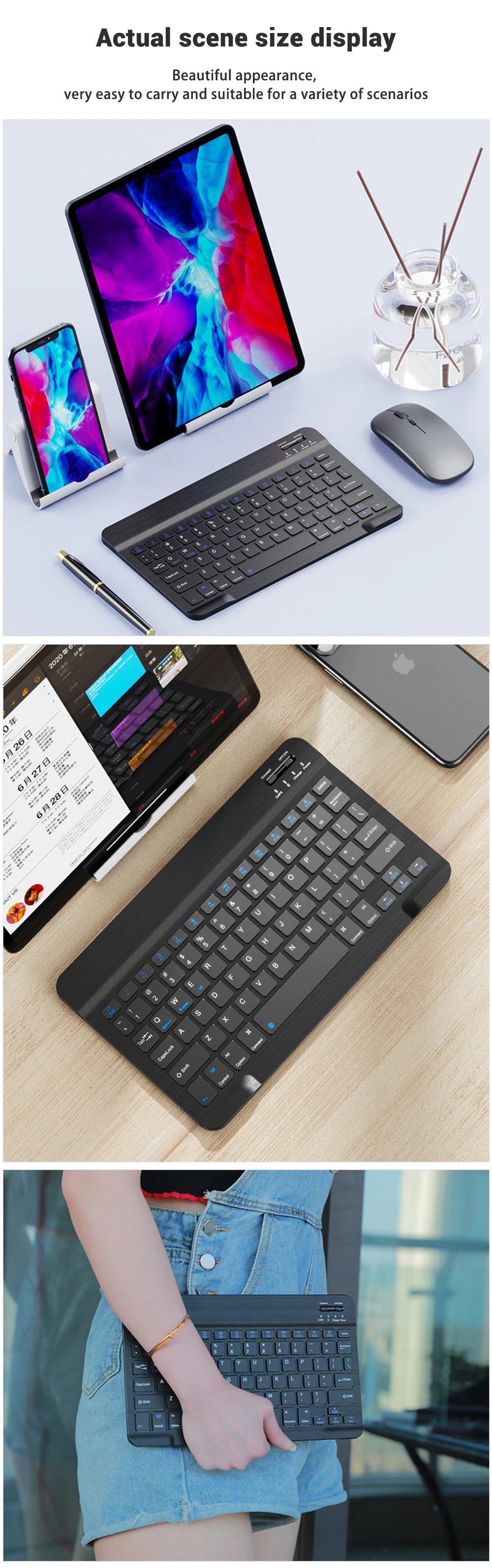 Teclado bluetooth ultra slim portátil em fundo branco