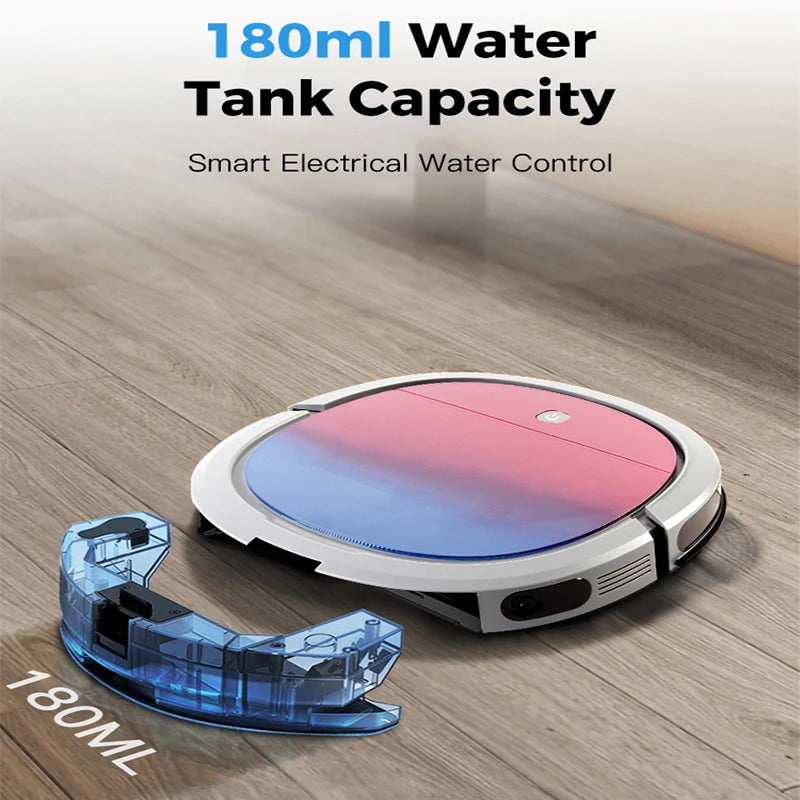 Robô aspirador inteligente com WiFi e tanque de água em fundo branco