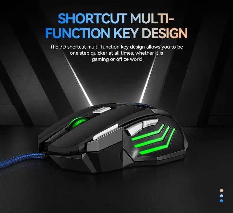 Mouse gamer USB com LED RGB ergonômico em fundo branco