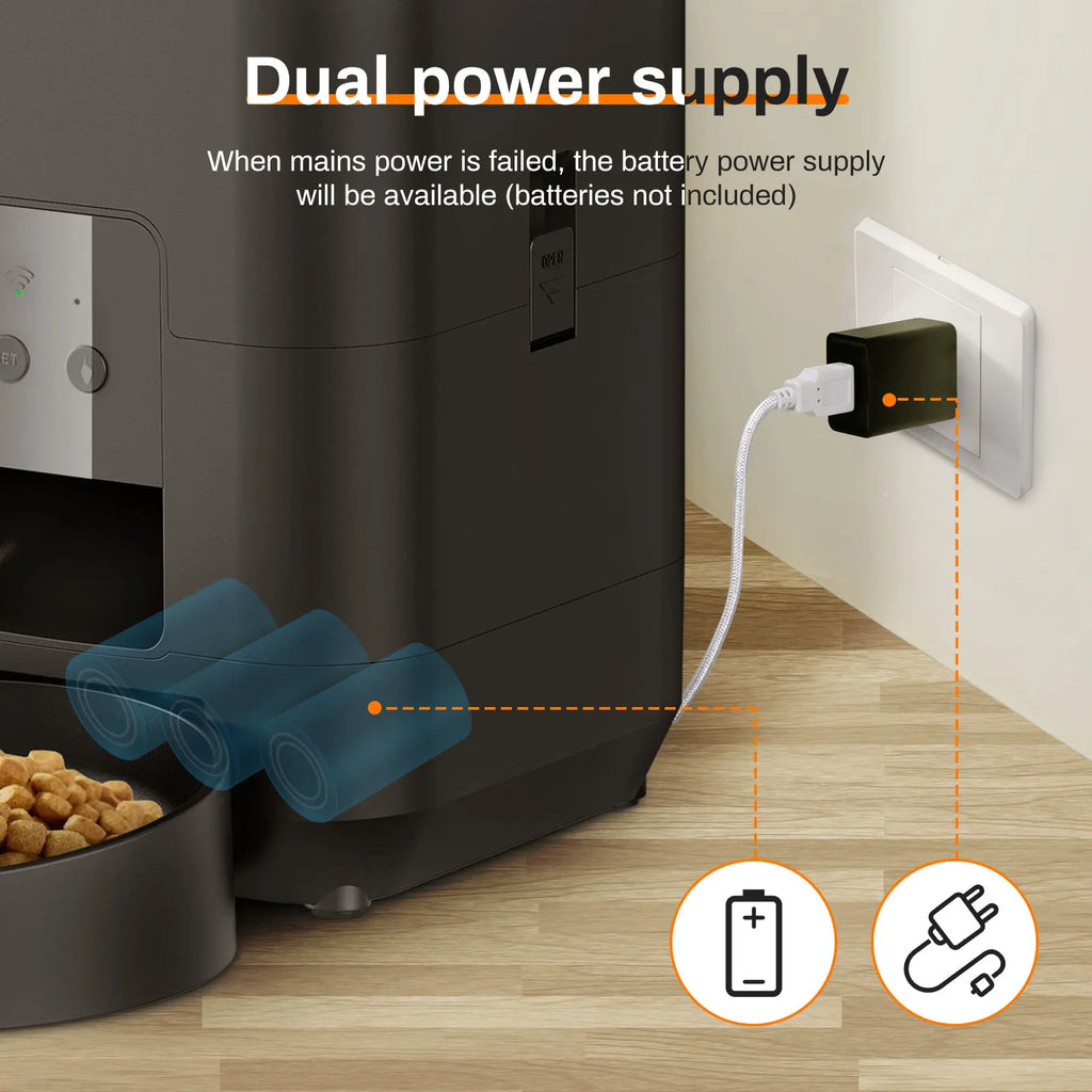 Comedouro automático para pets com timer programável e dispenser inteligente em fundo branco