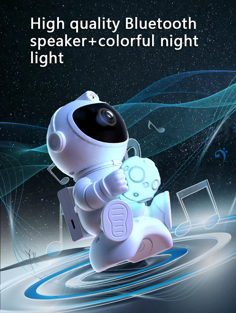 Projetor astronauta galáxia RGB com Bluetooth em fundo branco