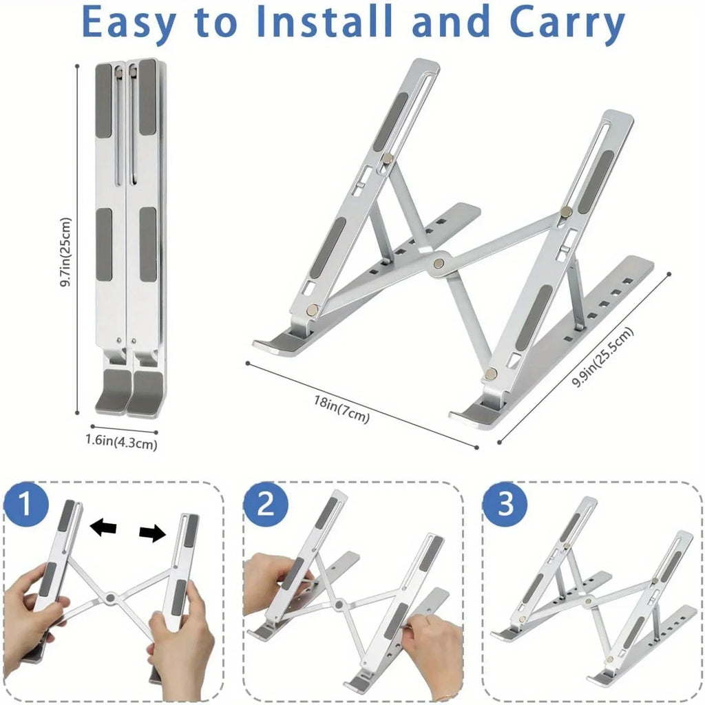 Suporte para notebook ajustável em alumínio dobrável em fundo branco