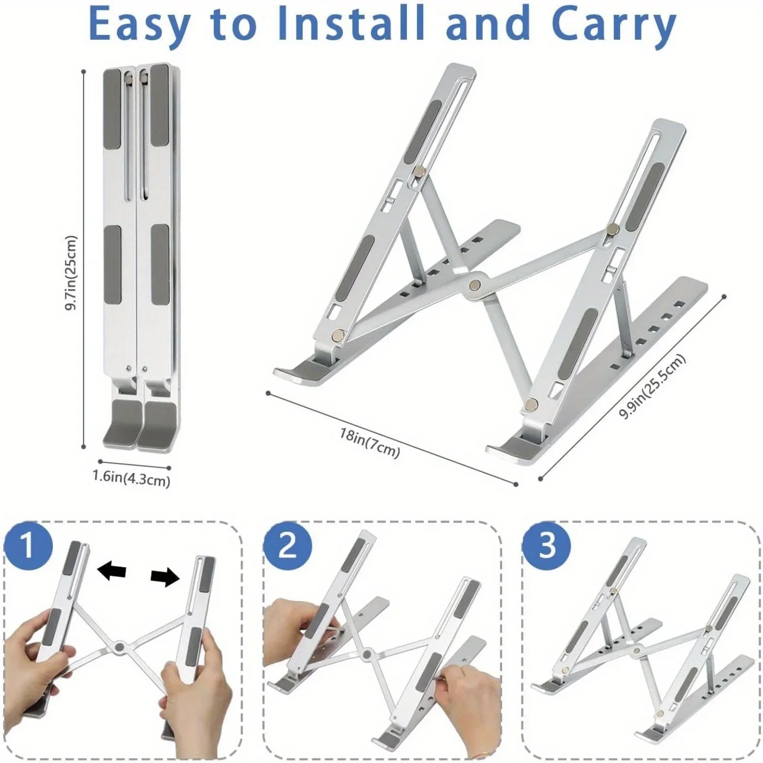 Suporte para notebook ajustável em alumínio dobrável em fundo branco