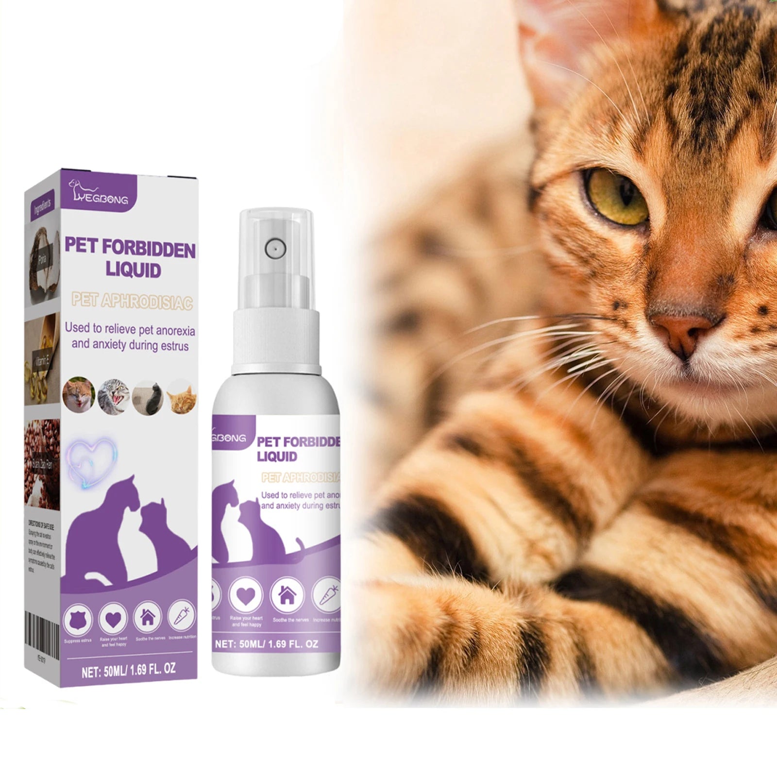 Spray calmante com feromônio para cães e gatos em fundo branco