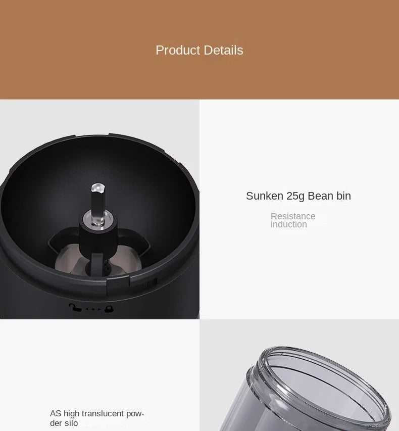 Moedor de café elétrico portátil USB com ajuste de moagem em fundo branco