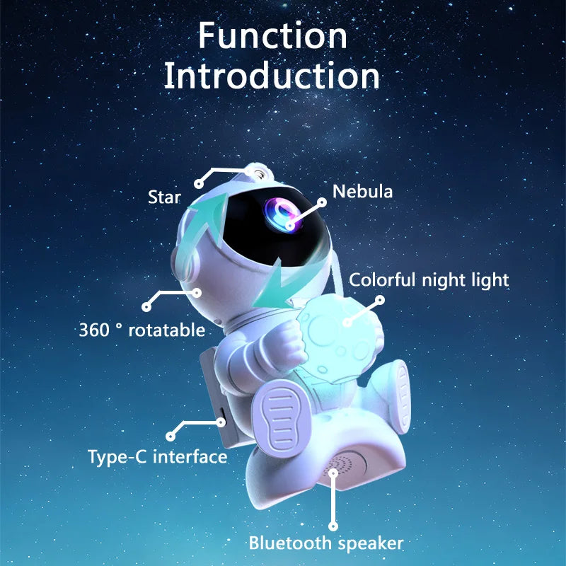 Projetor astronauta galáxia RGB com Bluetooth em fundo branco